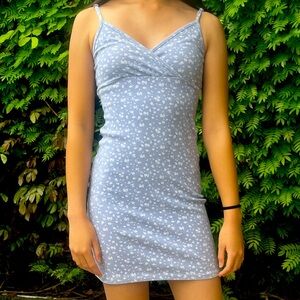 Blue and floral dress.